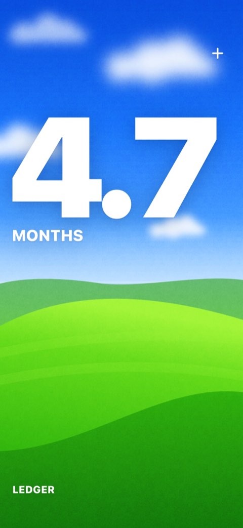 The A Runway To home screen on iPhone: 4.7 MONTHS in white over a blue sky and a green field.