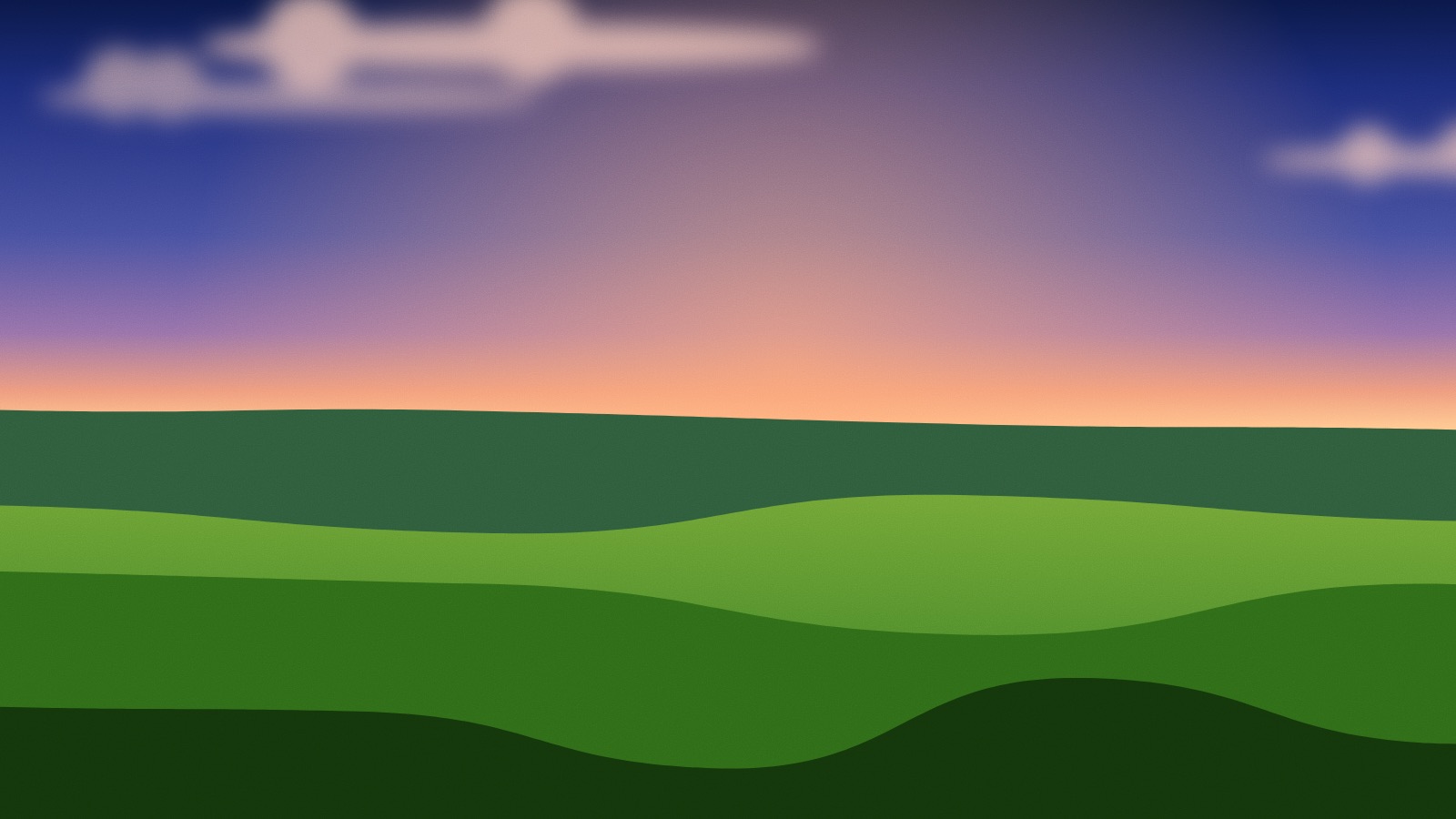 Dusk over the field: a violet sky warming to orange at the horizon above dark green hills.